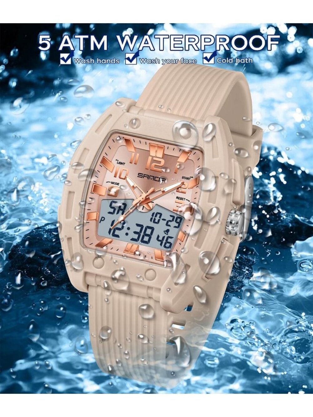 Women's Apricot Digital Analog Sports Unique Rectangle Waterproof Wrist Watches - Picture 4 of 6